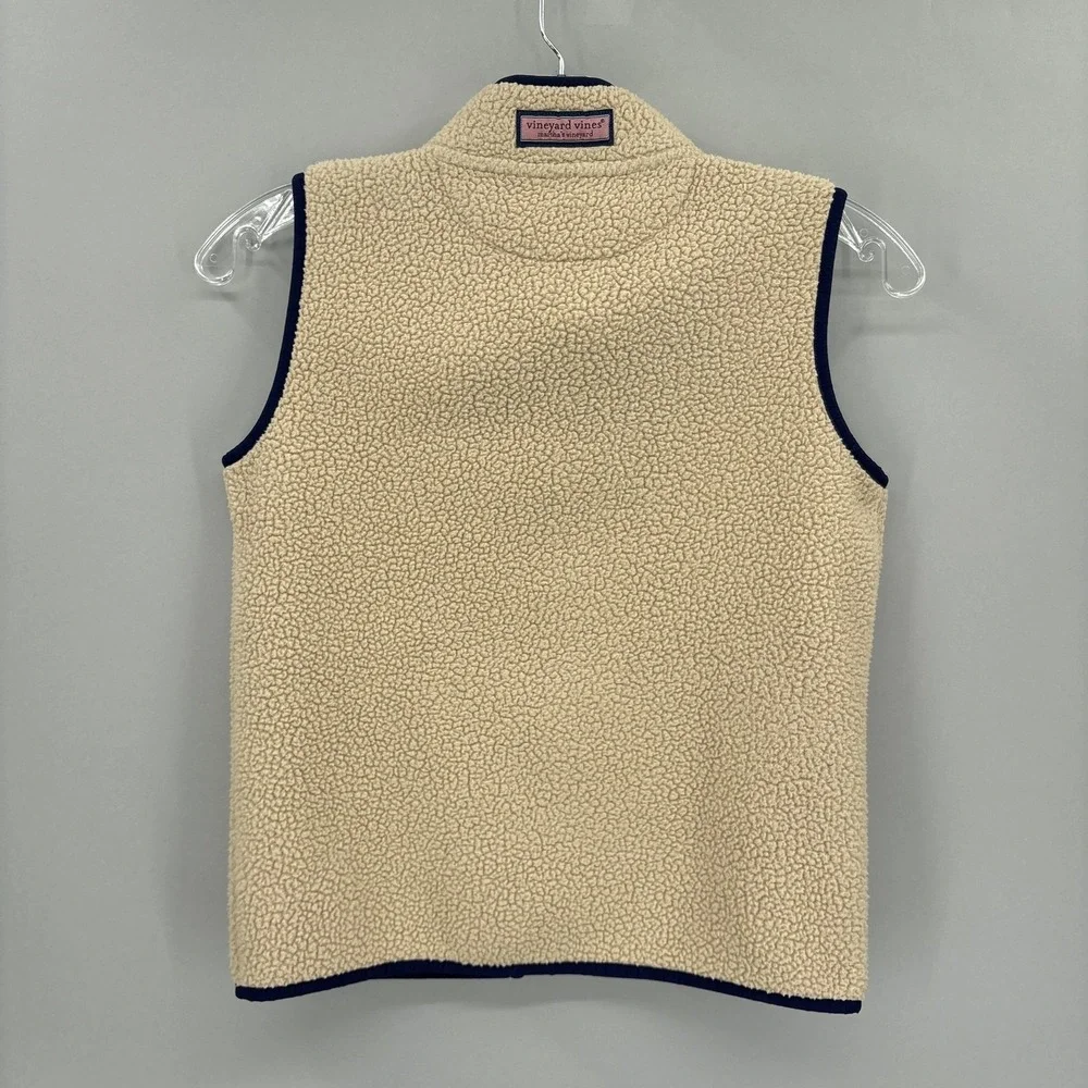 Vineyard Vines Vest Boys 12-14 M Beige Navy Sherpa Fleece Zip Pockets Oatmeal